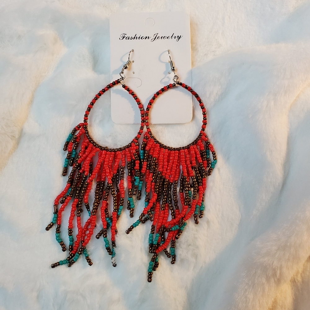 Beaded Strand Dangle Hoop Earrings